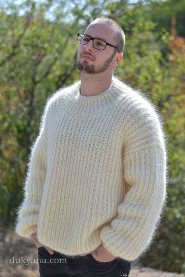 mens sweater handknit crewneck jumper mohair pullover in cream/CRM8
